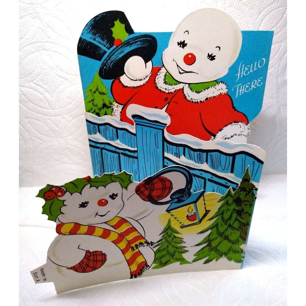Christmas Greeting Card Dressed Snowmen Diecut Foldout Standup Retro Mid Century